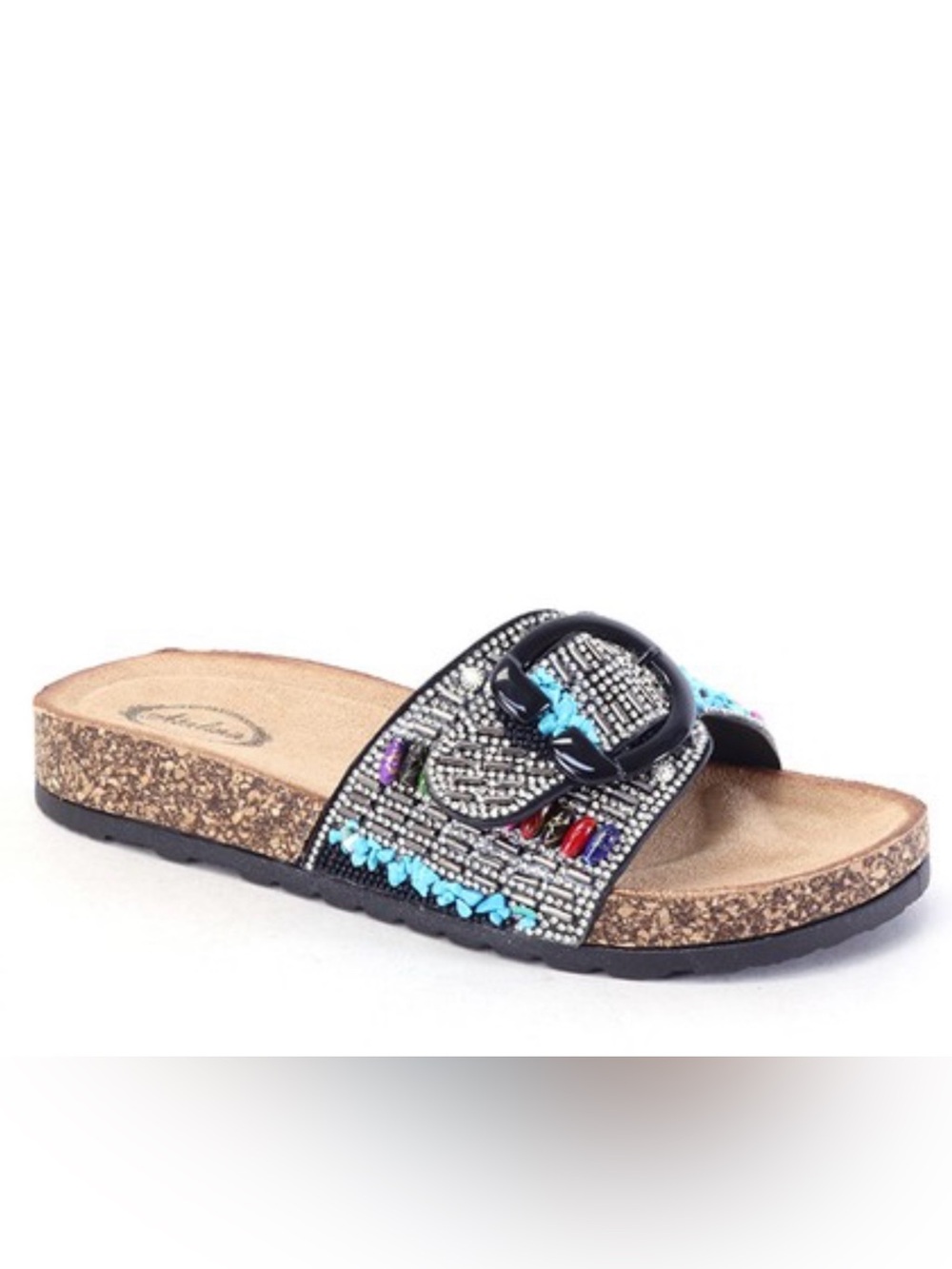 Italina BIRK‎ Black Multicolor Rhinestone Embellished Slide Cork Buckled Sandal